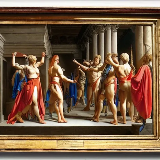 Prompt: muscular warrior women, roman women in armor, oath of the horatii, jacques - louis david