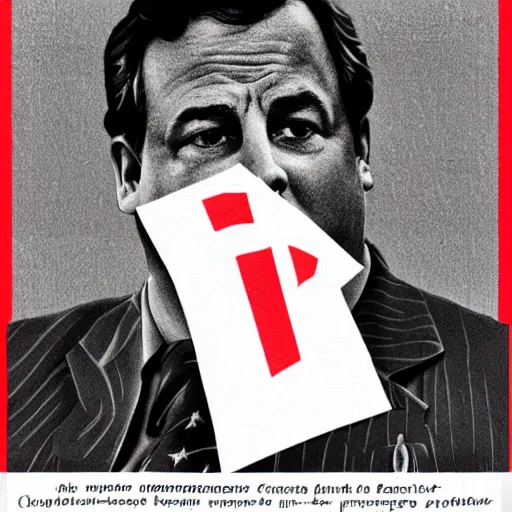 Image similar to chris christie. soviet propoaganda poster. soviet realism. monochromatic red. cheap printing, fading ink, torn edges