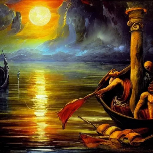 Prompt: the myth of charon, with the ferryman from the underworld in the style of afremov,