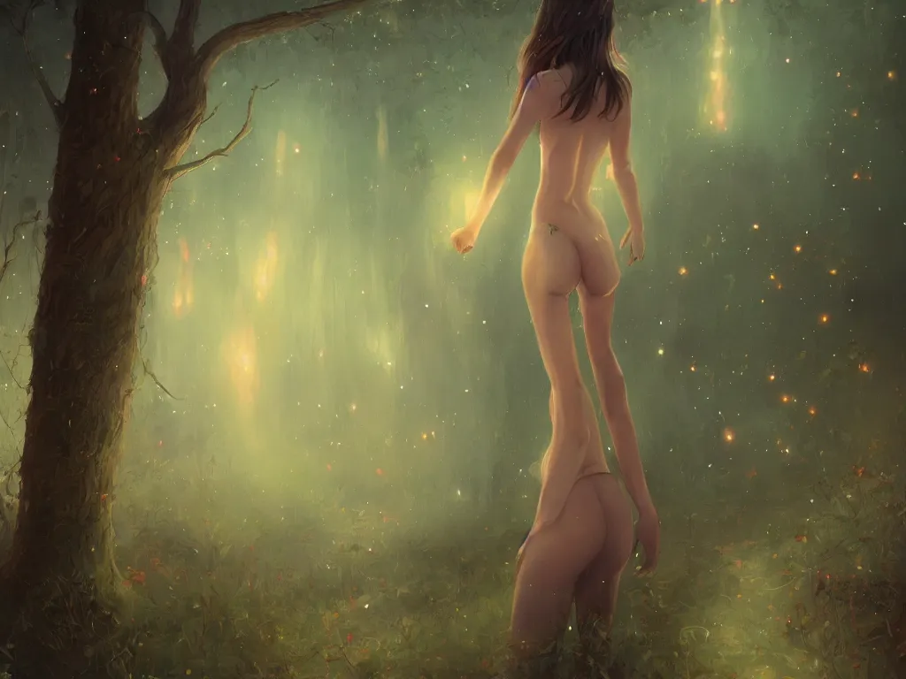 Prompt: Whimsical beautiful painting of a girl's back facing away, looking towards a glowing magical forest full of fireflies, cgsociety, trending on artstation