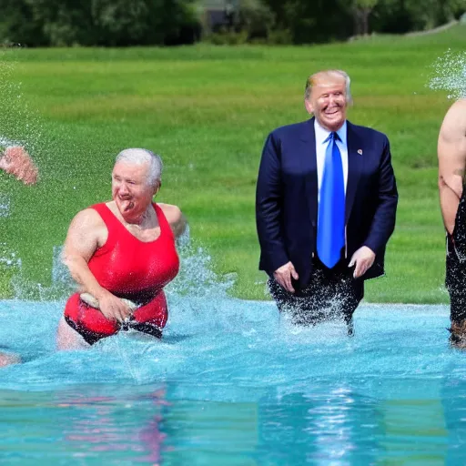 Image similar to putin, trump, obama and bush are swimming while having a water fight while smiling and having a great time