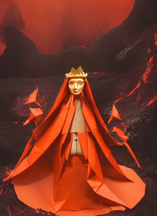 Prompt: handsome anthropomorphic origami prince made out of paper wearing a firey red and orange tissue paper with a golden crown and a black prince tuxedo by Prada. bubbling pools of lava in the crater of a volcano. ethereal, fantasy, Lawrence Alma-Tadema, James Jean, oozium, peter morbacher, angelarium, alchemy, luxury, heavenly light, Soft illumination, Trending on artstation, Cinematic Lighting, very detailed, 3D, octane render, artgerm