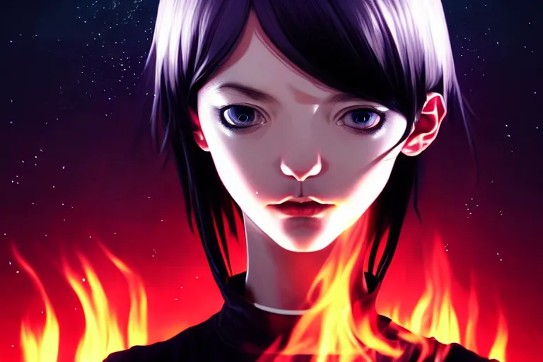 Image similar to emo girl battles again a stove fire. floating planets on the background, box office hit, fantasy and cosmic horror movie, unreal engine, intricate, highly detailed 8 k, ambient occlusion, extremely beautiful and aesthetic shape of face and body, art by hiroaki samura and ilya kuvshinov and rossdraws