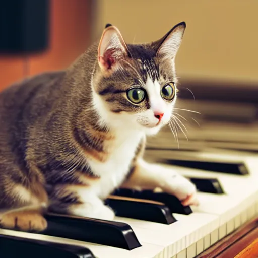 Image similar to cute cartoon cat playing the piano, highly detailed, award winning, 8 k photorealistic