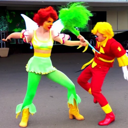 Prompt: ronald mcdonald fighting tinkerbell in a parking lot