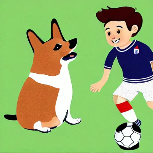 Image similar to illustration of french boy in paris playing football against a corgi, the corgi is wearing a polka dot scarf