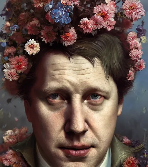 Prompt: portrait of boris johnson in 3 0 s, surrounded by flowers by karol bak, james jean, tom bagshaw, rococo, trending on artstation, cinematic lighting, hyper realism, octane render, 8 k, hyper detailed