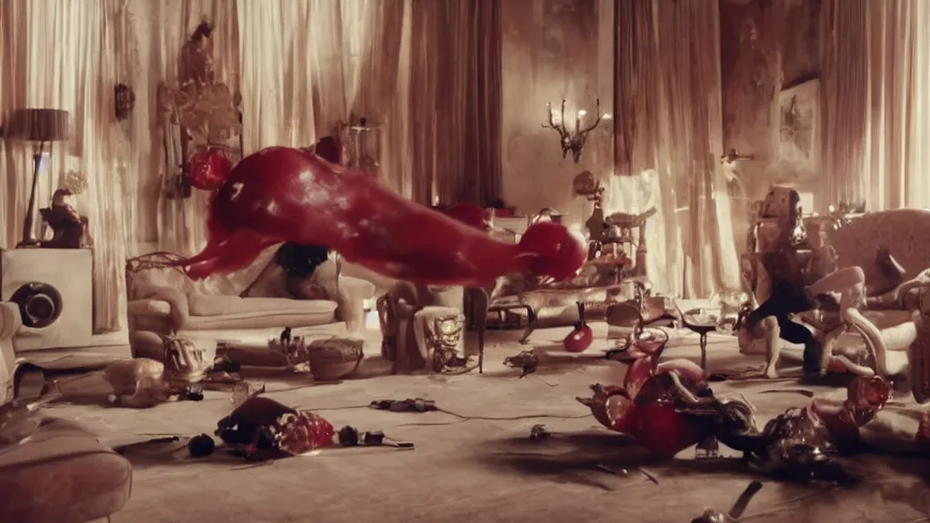 Prompt: Cherry on Cherry violence in a living room, film still from the movie directed by Denis Villeneuve with art direction by Salvador Dalí, wide lens