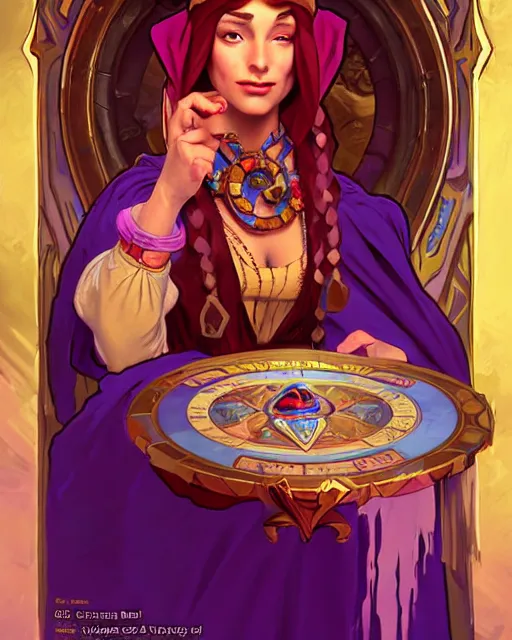 Image similar to renaissance gypsy fortune teller, comic cover painting, masterpiece artstation. 8 k, sharp high quality artwork in style of wayne reynolds, alphonse mucha, greg rutkowski, and don bluth, concept art by jack kirby, blizzard warcraft artwork, hearthstone card game artwork