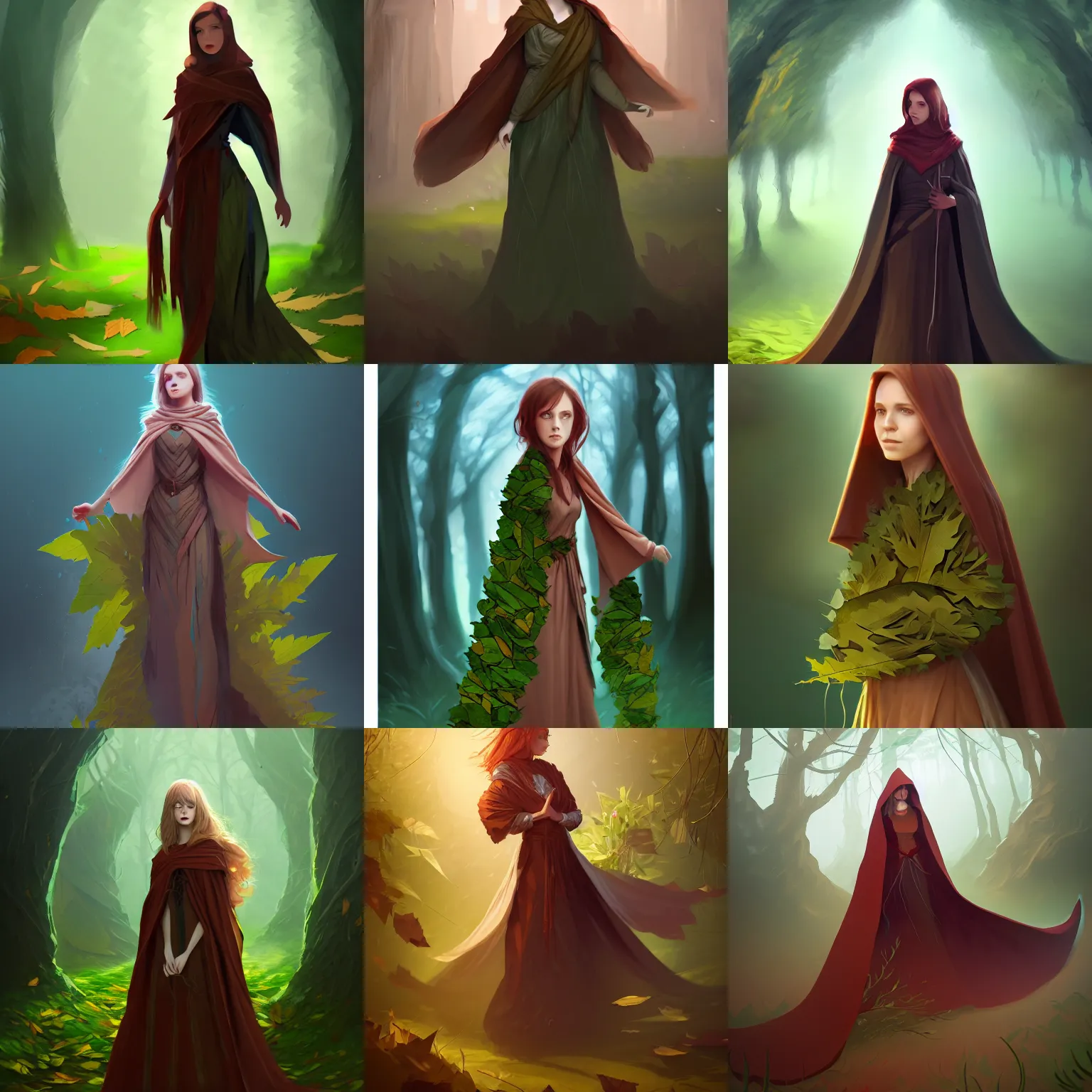 Prompt: a girl with a cloak made of leaves. concept art by muggur, flowing dress, smooth, sharp focus, artstation contest winner, fantasy, 2 d game, tarot card