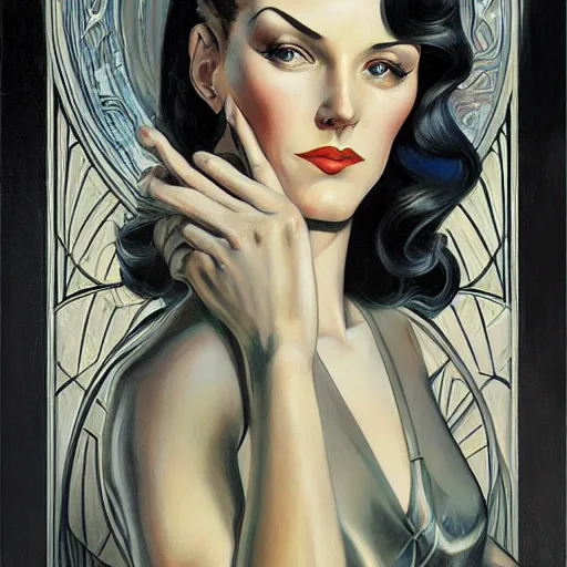 Prompt: a streamline moderne, ( art nouveau ), ( ( dieselpunk ) ) painting in the style of charlie bowater, and in the style of donato giancola, and in the style of charles dulac. symmetry, smooth, sharp focus, hyperrealism, intricate symmetrical ultrafine background detail.