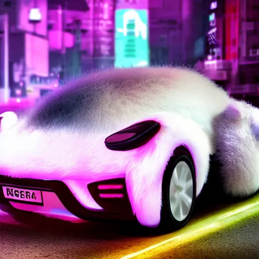 Prompt: a fluffy roadster covered with white fur and in the style of a panda, parking in the street, Cyberpunk, neon light, 4k, hd, highly detailed, full front view,