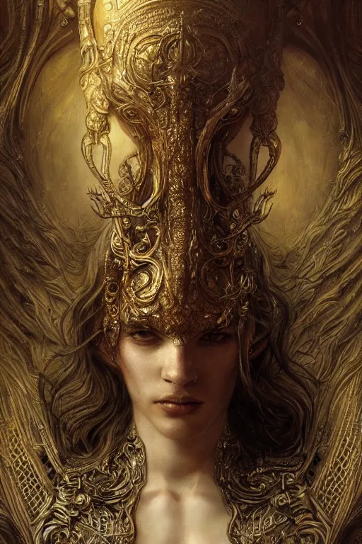 Prompt: breathtaking detailed painting of a god of flesh and bones, intricate art nouveau metal strokes, golden meat parts, rembrandt style, elegant, highly detailed, artstation, concept art, matte, sharp focus, art by luis royo and tom bagshaw, and greg rutkowski