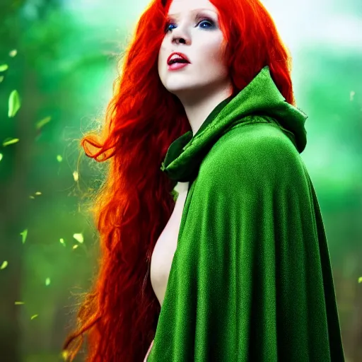 Image similar to a beautiful redheaded dnd sorceress wearing a green cloak, high resolution film still, 8k, HDR colors