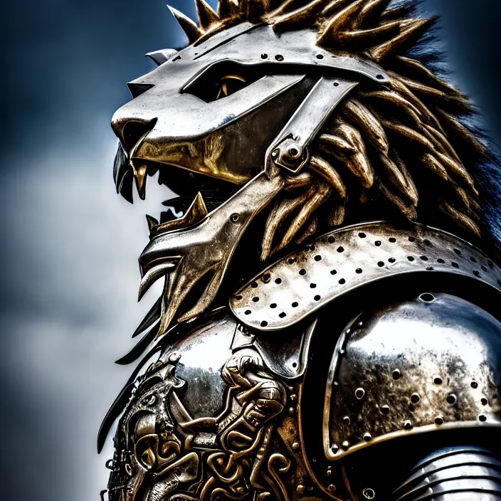 Image similar to photo of a warrior with metal lion themed armour, highly detailed, 4 k, hdr, smooth, sharp focus, high resolution, award - winning photo