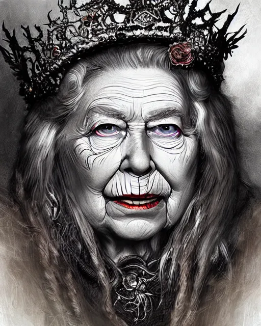 Image similar to Queen Elisabeth II as a hag witch, highly detailed face, realistic face, beautiful detailed eyes, fantasy art, illustration, epic, fantasy, intricate, hyper detailed, artstation, concept art, smooth, sharp focus, by jerad s marantz