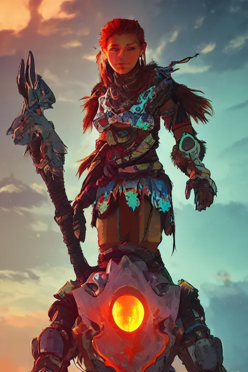 Image similar to combination suit armor aloy horizon forbidden west horizon zero dawn radiating a glowing aura global illumination ray tracing hdr fanart arstation by ian pesty and alena aenami artworks in 4 k tribal robot ninja mask helmet backpack