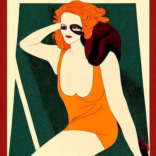 Image similar to Eva Green, Art by Coles Phillips, Orange bodysuit, Chalk white skin, deep purple hair, Green eyes, Portrait of the actress, Eva Green as Metamorpho, geometric art, Ramona Fradon, poster, no text, Alphonse Mucha, Vasily Kandinsky, carbon black and antique gold