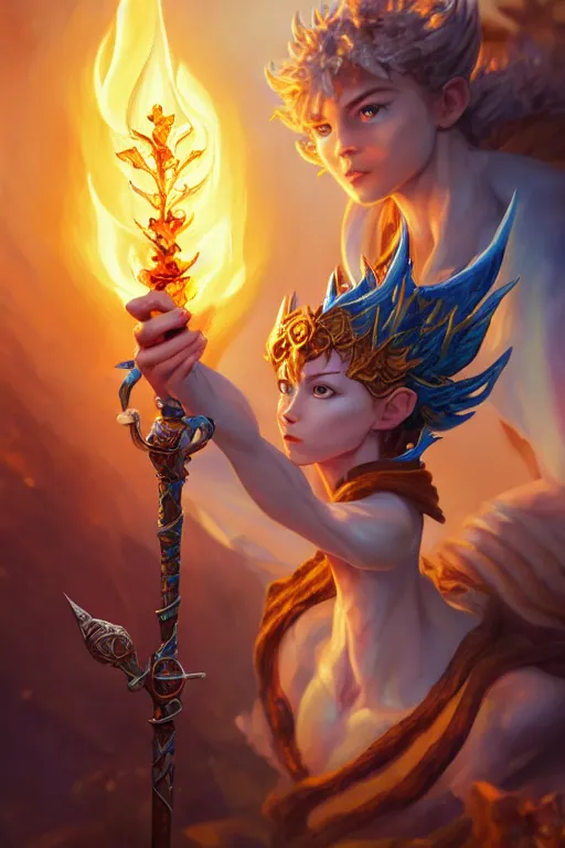 Image similar to legendary fairy prince hold flame staff, blue energy, highly detailed, d & d, fantasy, highly detailed, digital painting, trending on artstation, concept art, sharp focus, illustration, global illumination, ray tracing, realistic shaded, art by artgerm and greg rutkowski and fuji choko and viktoria gavrilenko and hoang lap