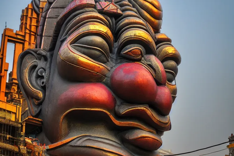 Prompt: high quality 3 d cyberpunk biomorphic hanuman head building in the middle of mumbai!!, kalighat highly detailed, cinematic smooth, stephen shore & john j. park, soft morning light, wide shot, high angle, uhd 8 k, deep focus