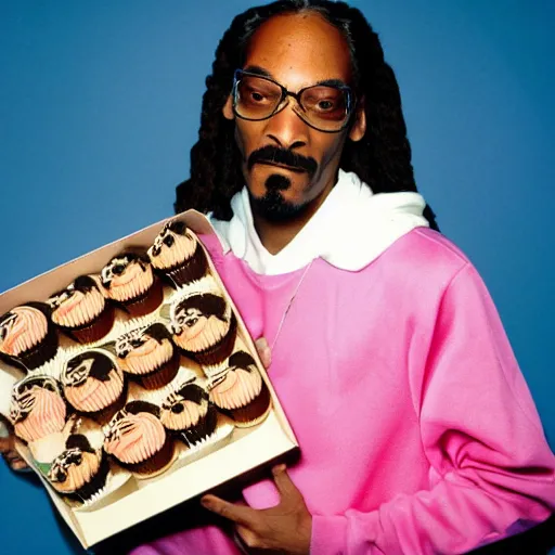 Image similar to Snoop Dogg holding a box of cupcakes for a 1990s sitcom tv show, Studio Photograph, portrait, C 12.0