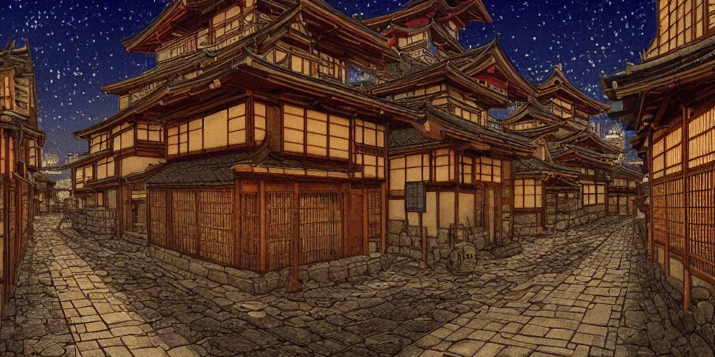 Prompt: Medieval Kyoto street at night landscape, 8K, trending on artstation, golden ratio, by Jean Giraud