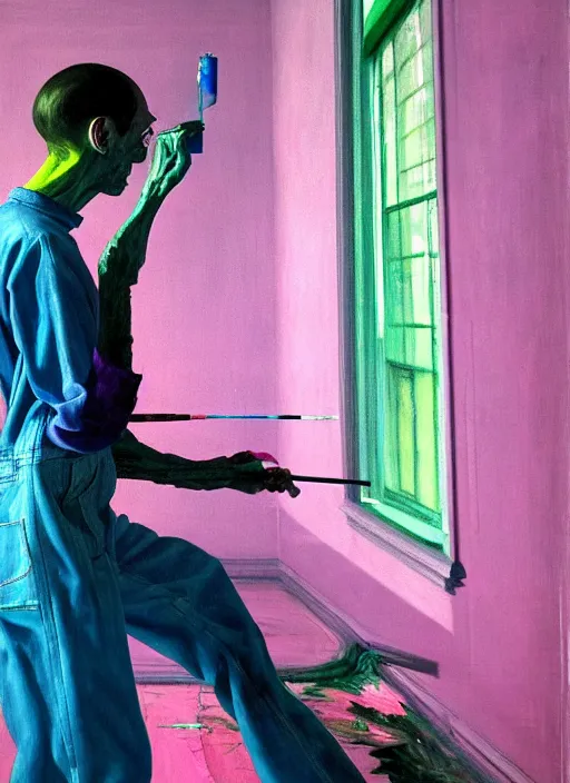 Prompt: an insane, skinny, artist wearing overalls, painting the walls inside a grand messy studio, hauntingly surreal, highly detailed painting by francis bacon, edward hopper, adrian ghenie, gerhard richter, and james jean, soft light 4 k in pink, green and blue colour palette