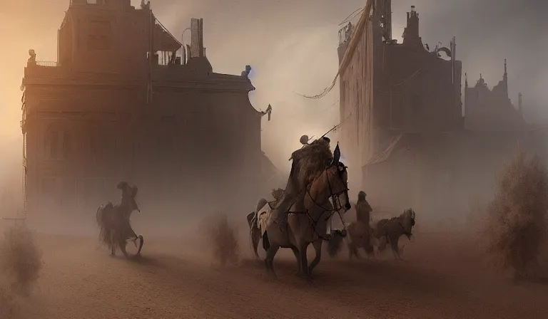 Image similar to dust storm in the old west, sharp focus, intricate, elegant, digital painting, artstation, matte, highly detailed, concept art, illustration, volumetric lighting, art by greg olsen and liz lemon swindle