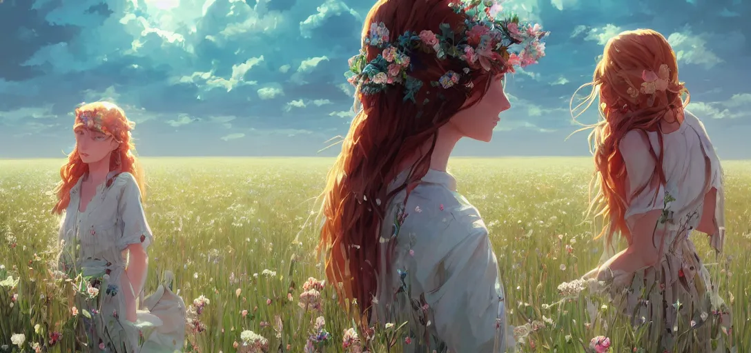 Image similar to a beautiful southern woman named Savannah, innocent, sad turquoise eyes, freckles, long ginger hair tied with white ribbon, relaxed in a field of flowers on a farm, gentle lighting, storm in the distance, somber, western clothing, dress, digital art by Makoto Shinkai ilya kuvshinov and Wojtek Fus, digital art, concept art,