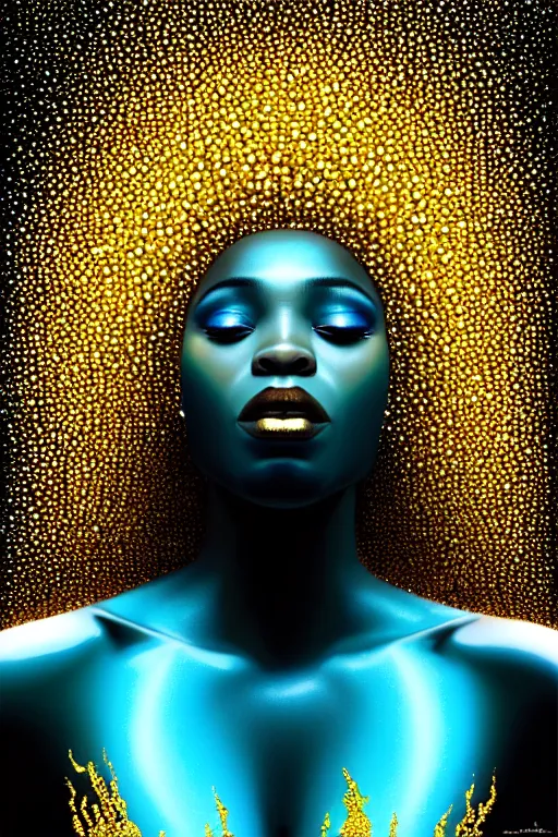 Image similar to hyperrealistic precisionist cinematic profile very beautiful! black oshun goddess, dancing in water!, mirror dripping droplet!, gold flowers, highly detailed face, digital art masterpiece, smooth eric zener cam de leon, dramatic pearlescent turquoise light on one side, low angle uhd 8 k, shallow depth of field