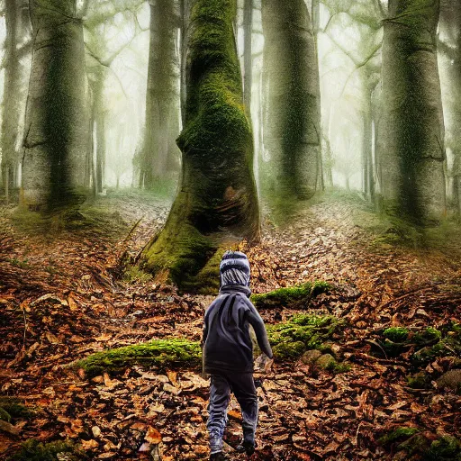 Prompt: photograph of a boy walking through mythical woodland inspired by Hodas Filip