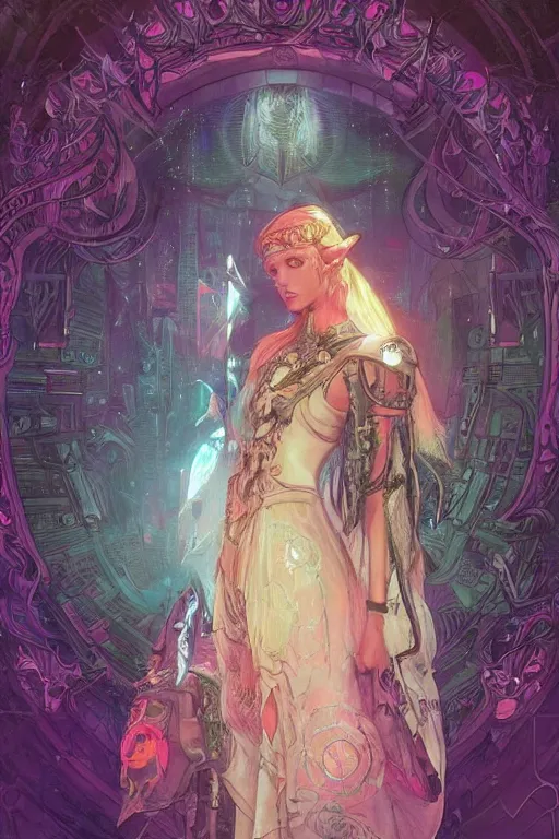 Image similar to Cyberpunk Princess Zelda, magical, flower, bright neon highlights, detailed intricate ink illustration, dark atmosphere, detailed illustration, hd, 4k, digital art, overdetailed art, concept art, by greg rutkowski, by Alfons Mucha, complementing colors, Trending on artstation, deviantart