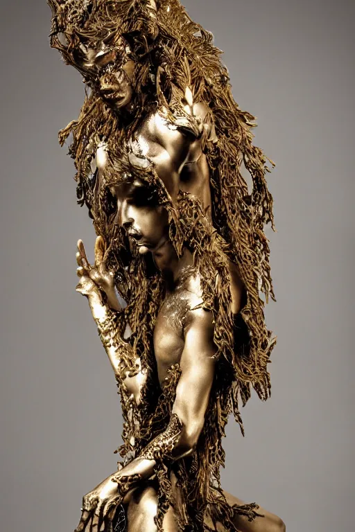 Image similar to a cinematic view of a ornated intricate mystic faun statue made by hedi xandt, chris haas and bernini, realistic, macabre art, covering his hip with a wrapped black old fabric veil, using few gold ornaments detailed image, volummetric light