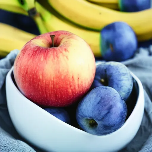 Prompt: blue apple in a bowl of bananas