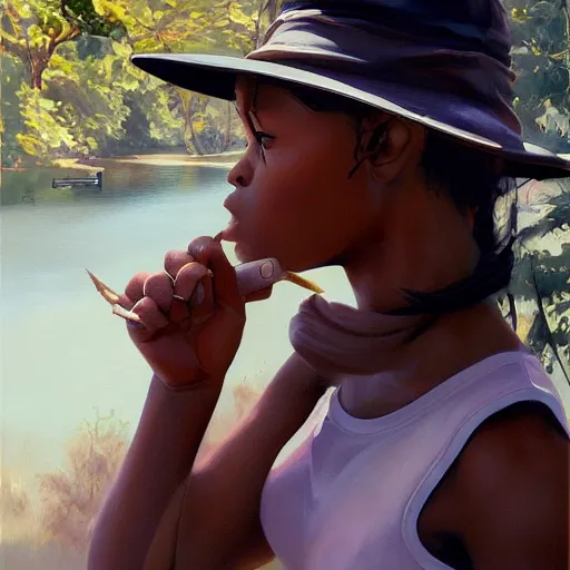 Image similar to oil painting by ilya kuvshinov,, baugh casey, artgerm craig mullins, coby whitmore, of a youthful black girl, long hair, fishing and wearing fisherman's outfit, fisherman's hat, highly detailed, breathtaking face, studio photography, noon, intense bounced light, water reflection, large tree casting shadow, serine intense sunlight