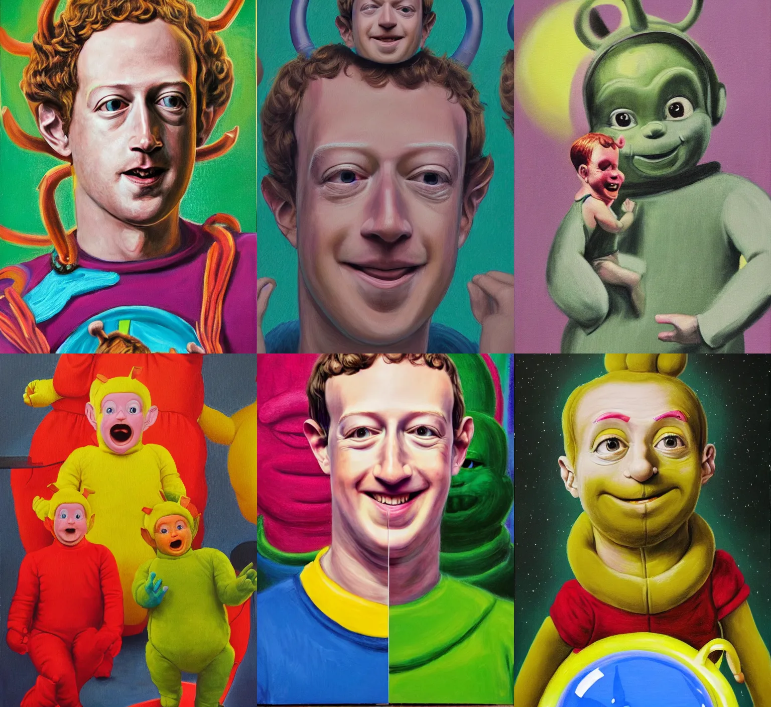 Prompt: Mark Zuckerberg looks frightened dressed as a Teletubbies from 2010 hyperfeminine, oil on canvas painting from rococo era Mark Zuckerberg portrait, vintage advertisment CMYK coloured lithography in the style of Bjork