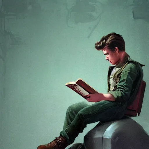 Image similar to a highly detailed epic cinematic concept art CG render digital painting artwork costume design: young James Dean as a well-kept neat anarchist rebel in 1950s USSR green dungarees and big boots, reading a book. By Greg Rutkowski, Ilya Kuvshinov, WLOP, Stanley Artgerm Lau, Ruan Jia and Fenghua Zhong, trending on ArtStation, subtle muted cinematic colors, made in Maya, Blender and Photoshop, octane render, excellent composition, cinematic atmosphere, dynamic dramatic cinematic lighting, aesthetic, very inspirational, arthouse