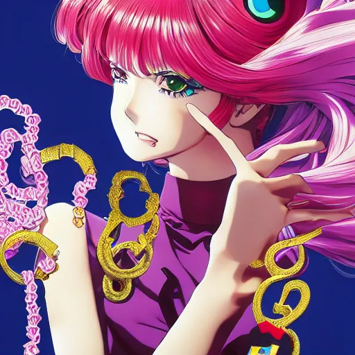 Image similar to Magazine Cover Anime key visual of a Gucci girl; official media; typography; drawn by Hirohiko Araki; Jojo's Bizarre Adventure; Jojolion, portrait, made by Stanley Artgerm Lau, WLOP, Rossdraws, James Jean, Andrei Riabovitchev, Marc Simonetti, Yoshitaka Amano, ArtStation