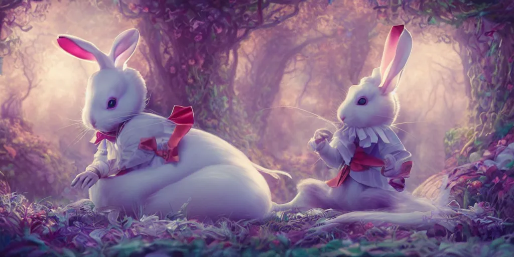 Image similar to The White Rabbit, Alice in wonderland, colorful, wide angle, super highly detailed, professional digital painting, artstation, concept art, smooth, sharp focus, no blur, no dof, extreme illustration, Unreal Engine 5, Photorealism, HD quality, 8k resolution, cinema 4d, 3D, beautiful, cinematic, art by artgerm and greg rutkowski and alphonse mucha and loish and WLOP