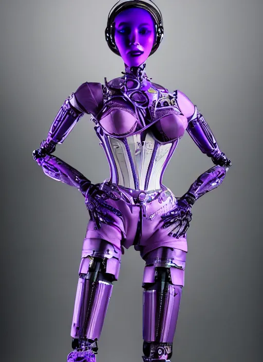 Image similar to beautiful female robot, wearing an intricate purple corset, burlesque, perfect features, anatomically correct, arms by her side, symmetrical facial features, expression of longing for more, elegant, futuristic, fantasy, artsy, digital art,