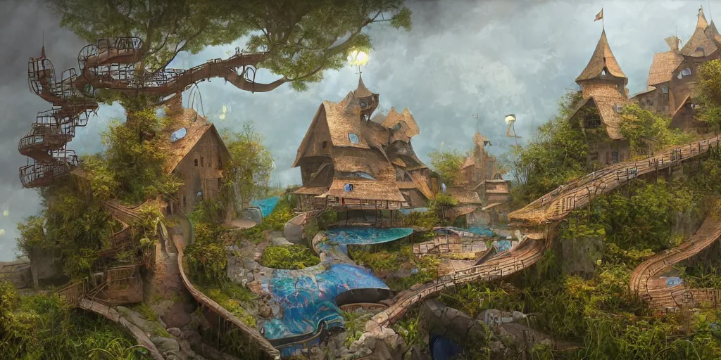 Image similar to gediminas pranckevicius waterpark painting by cinematic lighting, epic composition, highly detailed