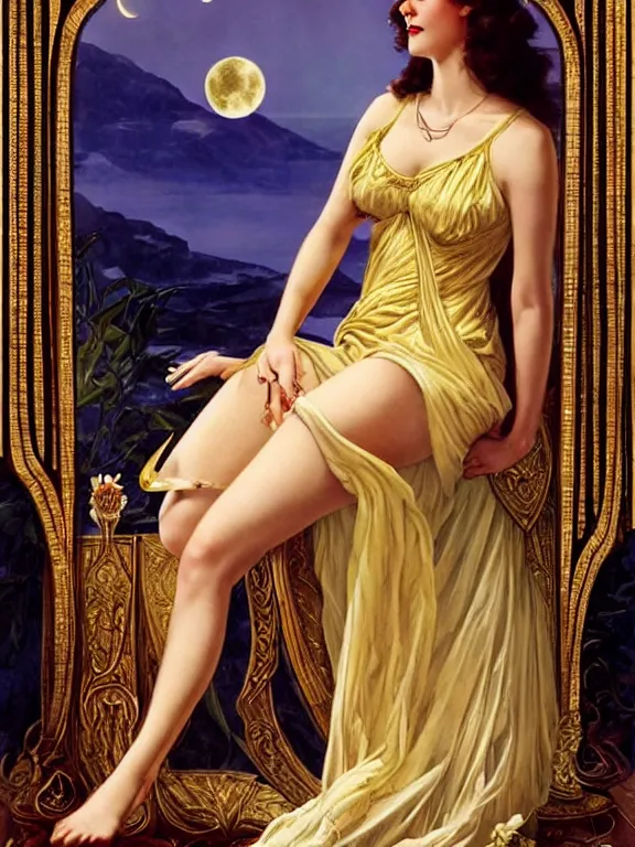 Prompt: kaya scodelario as the magic Greek goddess Circe, a beautiful art nouveau portrait by Gil elvgren, moonlit Mediterranean environment, centered composition, defined features, golden ratio, intricate gold jewlery