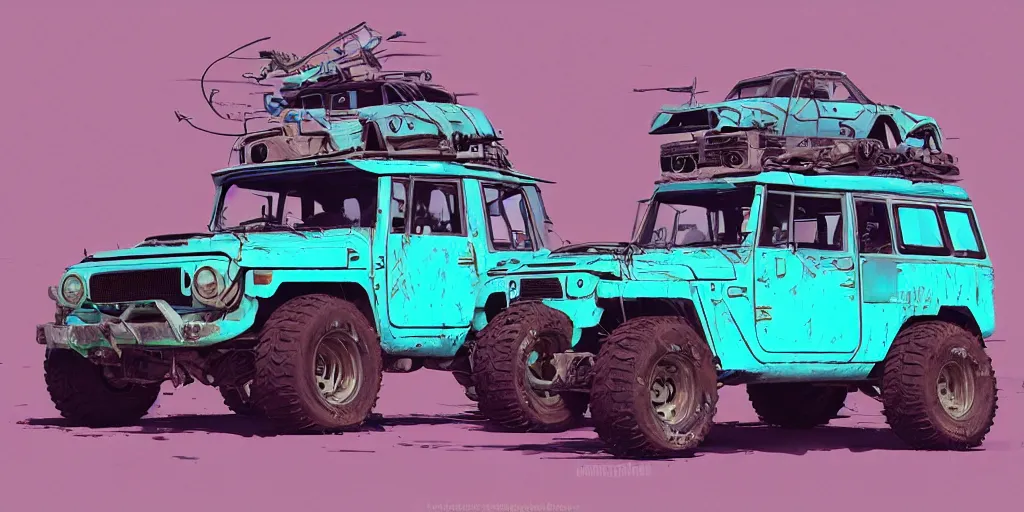 Image similar to digital illustration of a futuristic faded cyan mad max's fj 4 0 decrepit!!!! pursuit special, rusty!!! cyberpunk nissan fj cruiser heavily modded 1 9 9 0 s, the last v 8 interceptor by makoto shinkai, ilya kuvshinov, lois van baarle, rossdraws, basquiat