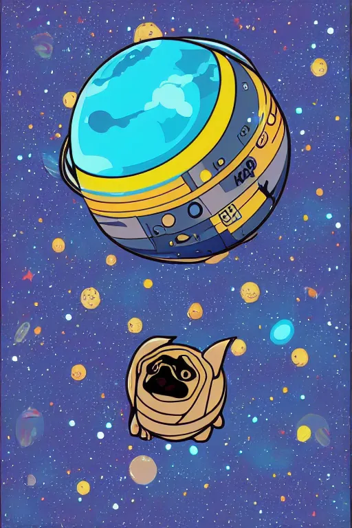 Image similar to planet pug floating in space, art by iktor miller gausa, sticker, colorful, illustration, highly detailed, simple, smooth and clean vector curves, no jagged lines, vector art, smooth