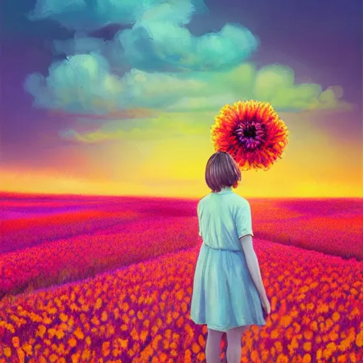 Image similar to girl with a gargantuan flower as a face, surreal photography, dream, standing in flower field, hills, big trees, sunrise dramatic light, impressionist painting, colorful clouds, digital painting, pointillism, artstation, simon stalenhag, flower face