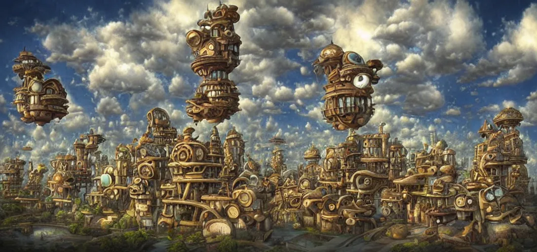 Prompt: a steampunk village built on clouds in the sky, by Naoto Hattori,