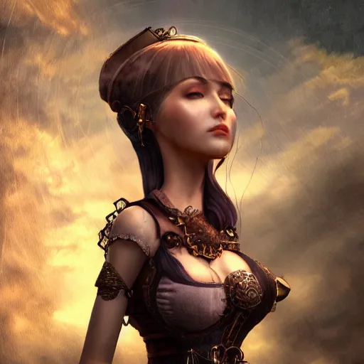 Image similar to fantasy woman in steampunk town, details face, detailed body, unreal engine, by popular digital artist, digital, artstation, detailed body, heavenly atmosphere, digital art, overdetailed art, trending on artstation, cgstudio, the most beautiful image ever created, dramatic, award winning artwork, beautiful scenery