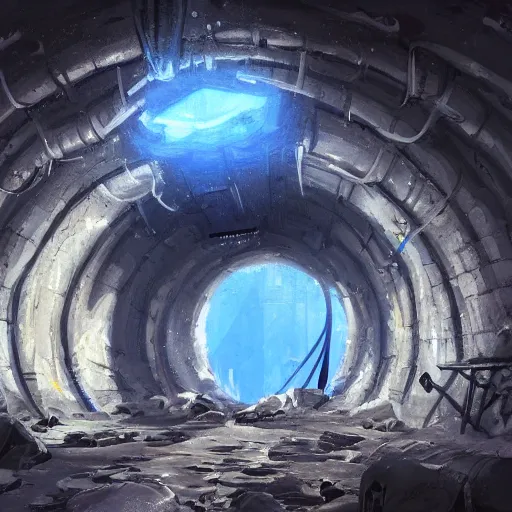 Image similar to concept art painting of a mine tunnel with blue crystals, realistic, detailed, cel shaded, in the style of makoto shinkai and greg rutkowski and james gurney