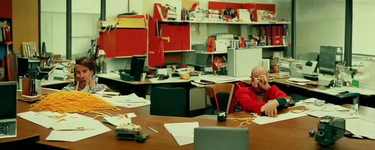 Image similar to security cam footage of someone with their head on spaghetti at their desk, at work, kodachrome, in the style of wes anderson, retro!! no repeats!!