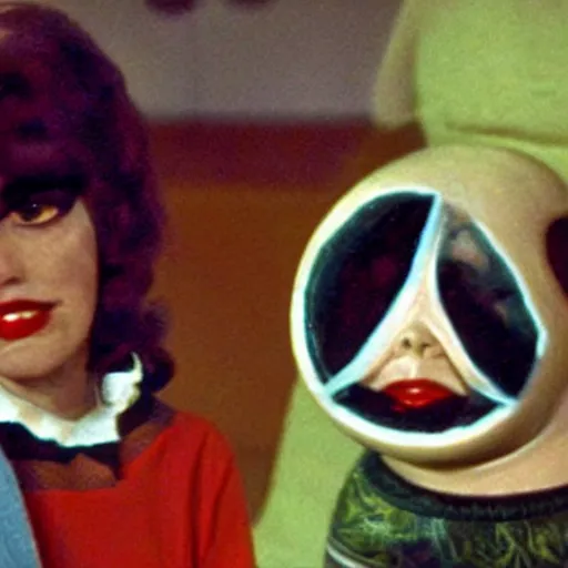 Image similar to middle-age woman enters an eyeball cult, 1977 live-action children's tv show, color